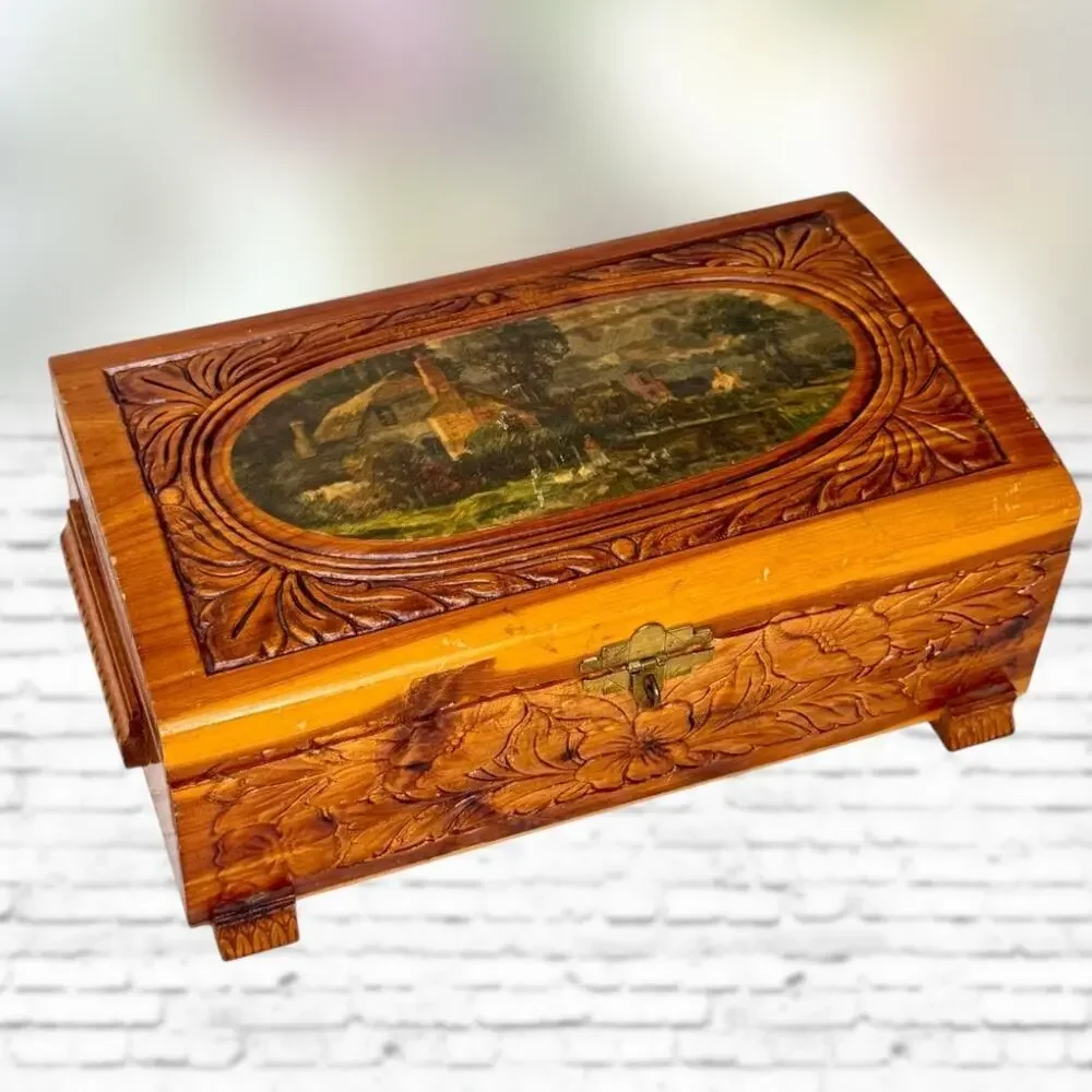 Vintage Hand Carved Wood Box Trinket Keepsake Pastoral Floral English Country